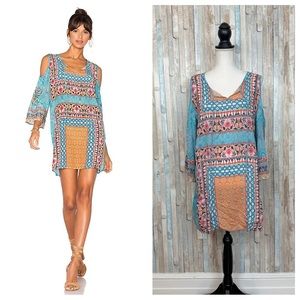 Tolani M Feathers Boho Print Peasant Tunic Top Micro Mini Dress Cover Up Cutout